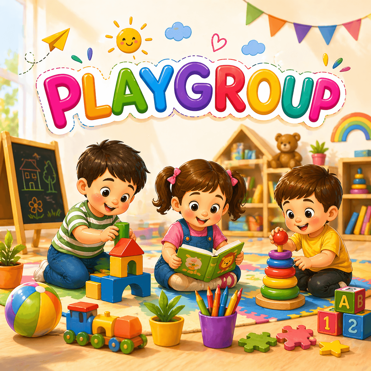Play Group illustration showing young children engaged with blocks and playful classroom learning