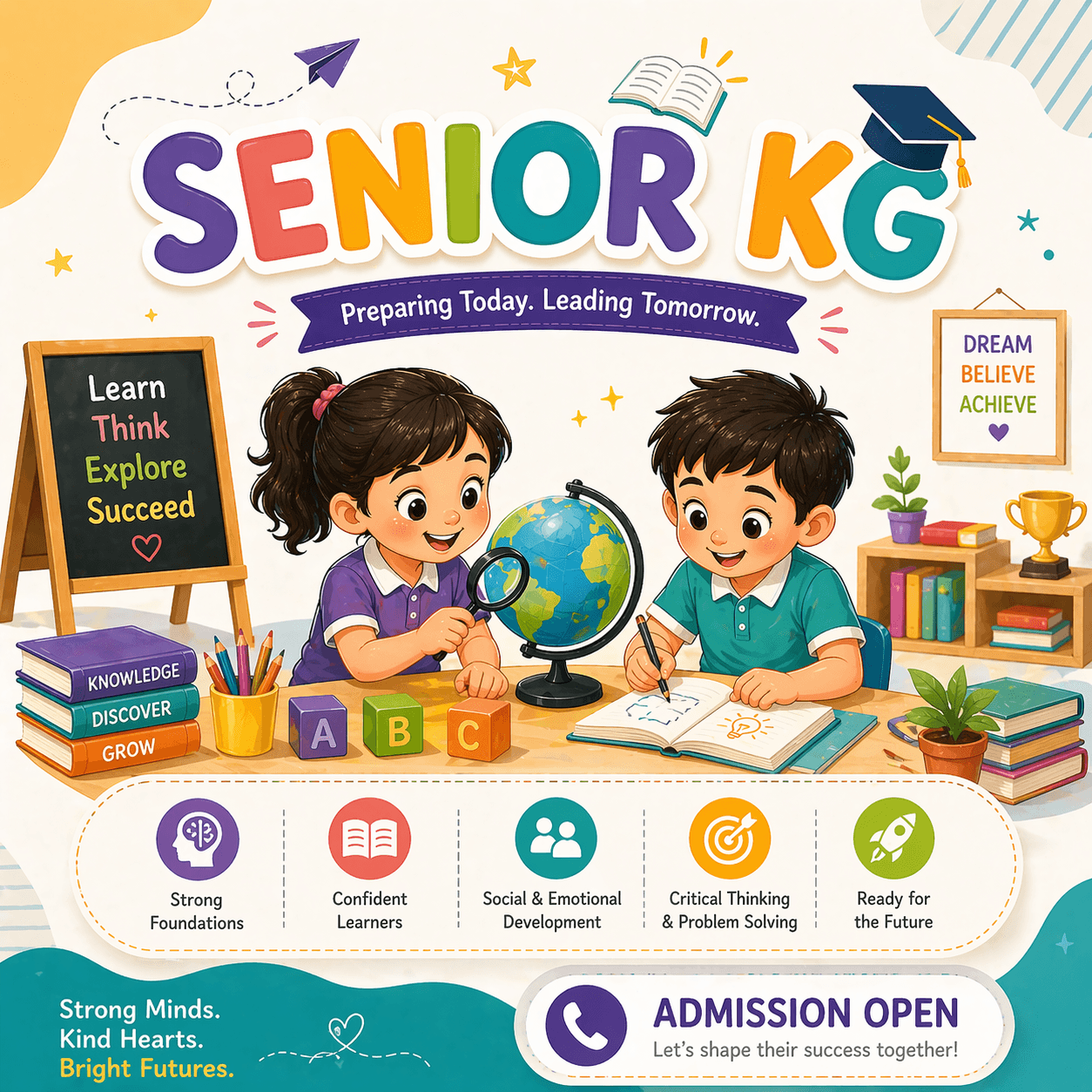 Senior KG illustration showing a child engaged in reading and advanced classroom readiness activities