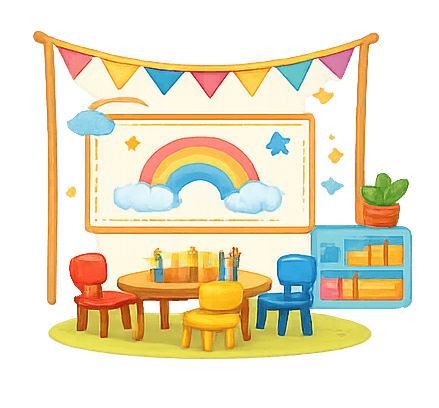 A colorful classroom setup designed for early learning and engagement